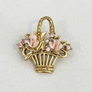 Victorian Style Flower Basket Brooch Porcelain Flowers and Pink Rhinestone